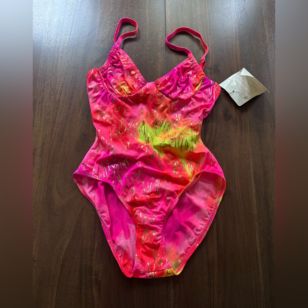 Bright Pink Tie-Dye One-Piece Swimsuit with Gold Accents